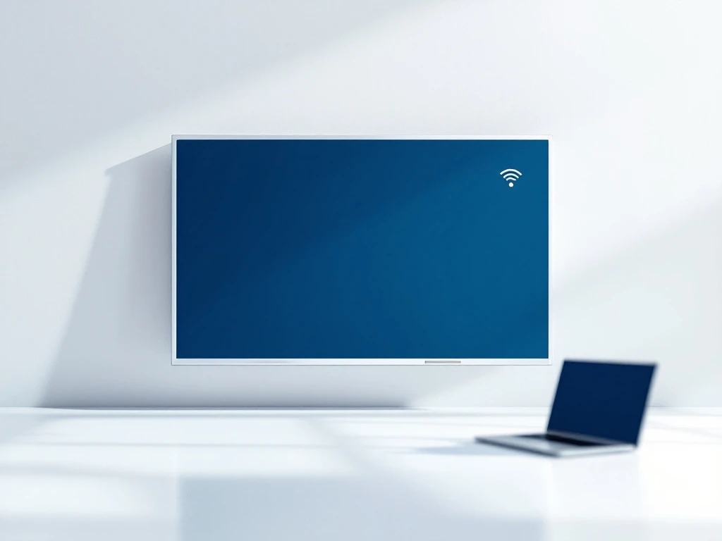 Moderne interactieve digibord met draadloze verbinding naar laptop, getoond door vloeiende lijnen in blauw en grijs