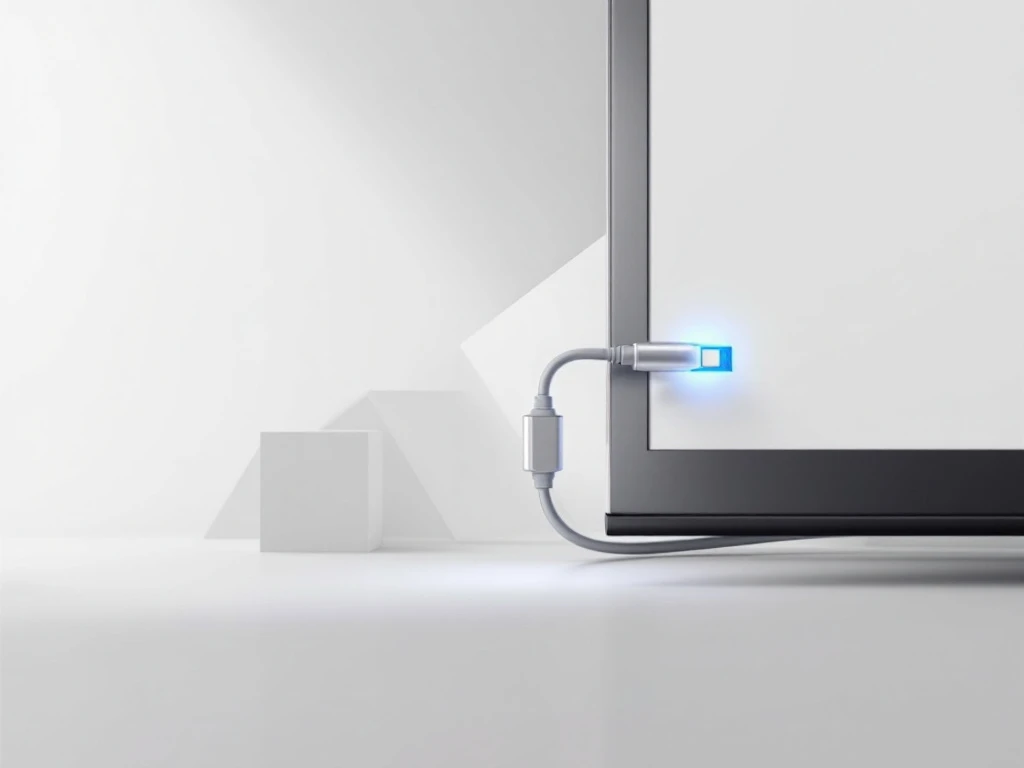 Moderne digitale whiteboard met HDMI-kabel connector, verbonden door blauwe accentverlichting op grijze achtergrond