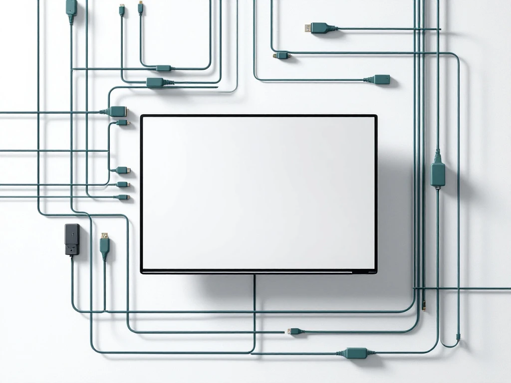 Moderne digitale whiteboard met USB-kabels, HDMI-connectoren en adapters in blauw-groene kleuren op witte achtergrond