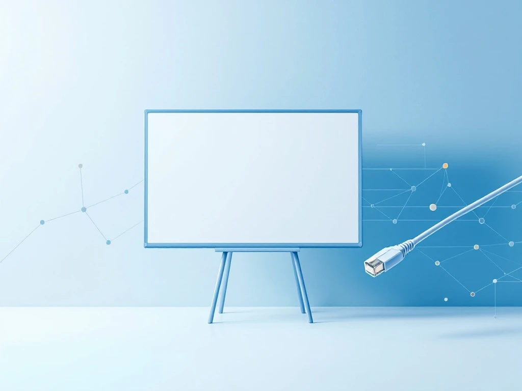 Moderne interactieve digitale schoolbord met netwerkverbindingen en ethernet-kabel op blauwe achtergrond