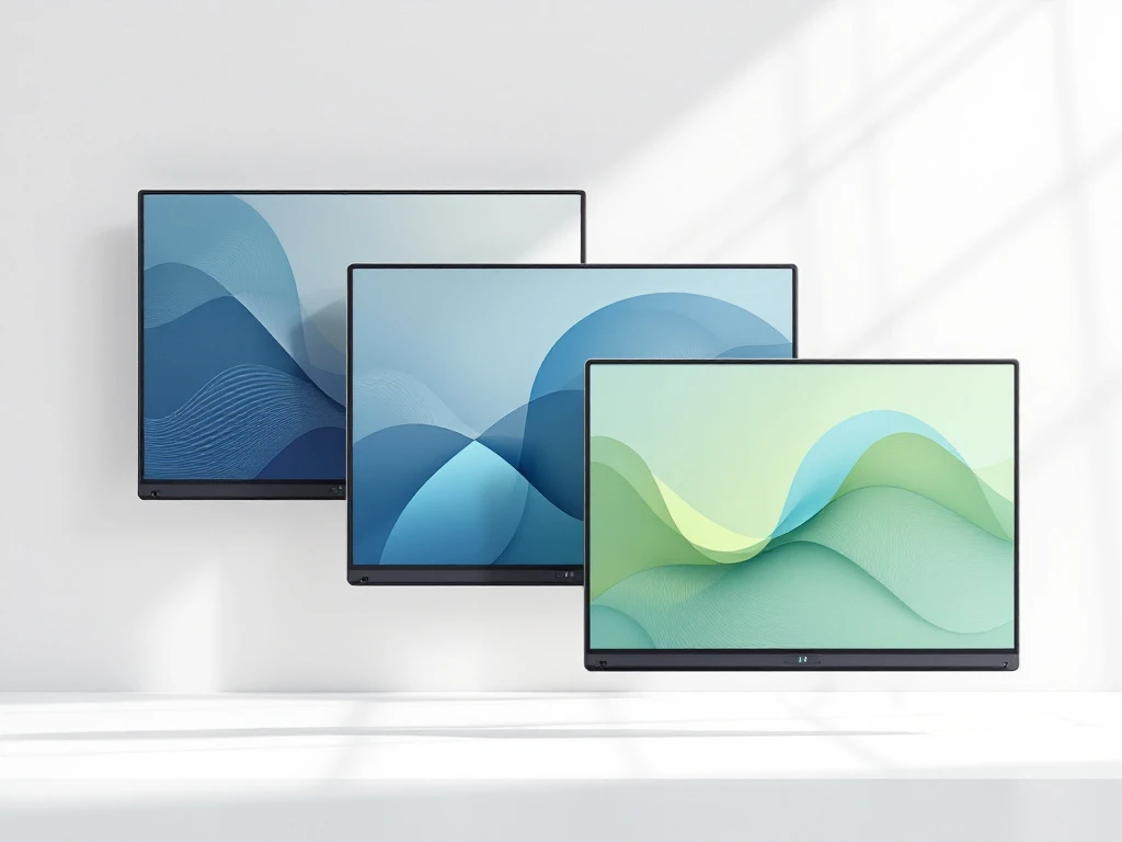 Drie moderne interactieve whiteboards met geometrische patronen in blauw en groen, diagonaal gerangschikt op witte achtergrond