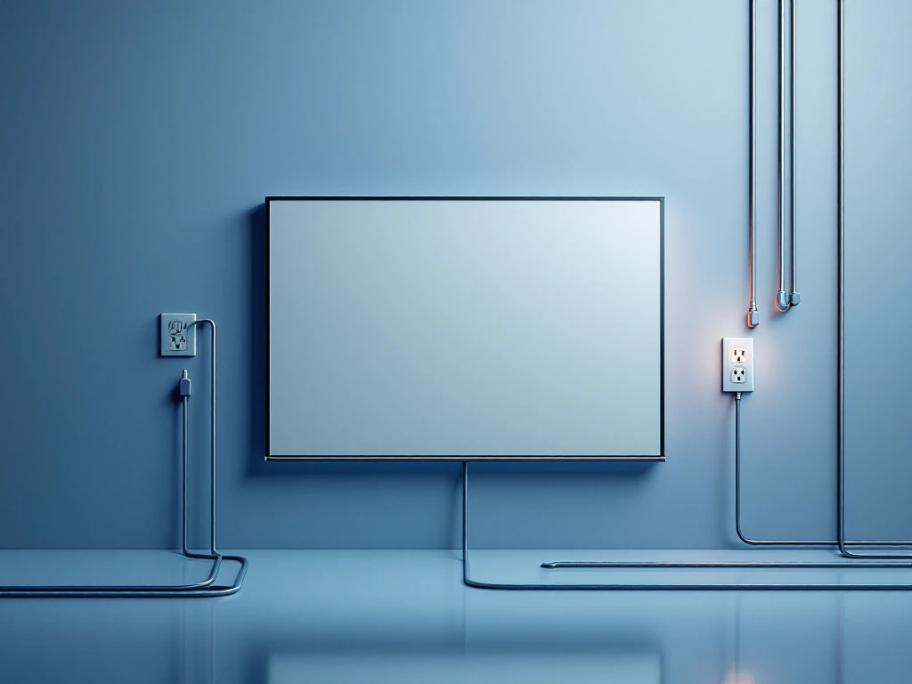 Moderne interactieve digibord verbonden met stijlvolle stroomkabel naar stopcontact in minimalistisch blauw-grijs ontwerp