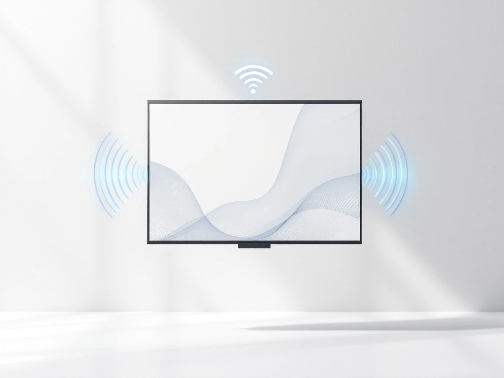 Moderne digitale whiteboard zweeft draadloos met blauwe signaalwaves en geometrische patronen op wit oppervlak