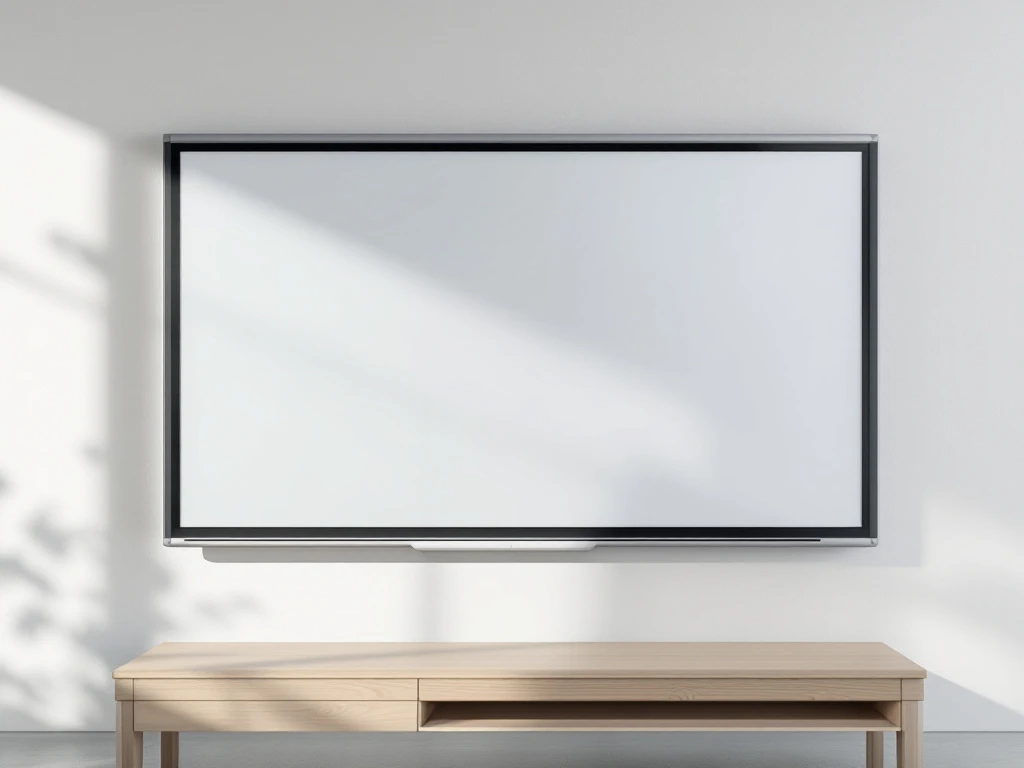 Digitaal interactief whiteboard op witte muur toont garantie-iconen en tijdlijn graphics in blauw-groene tinten