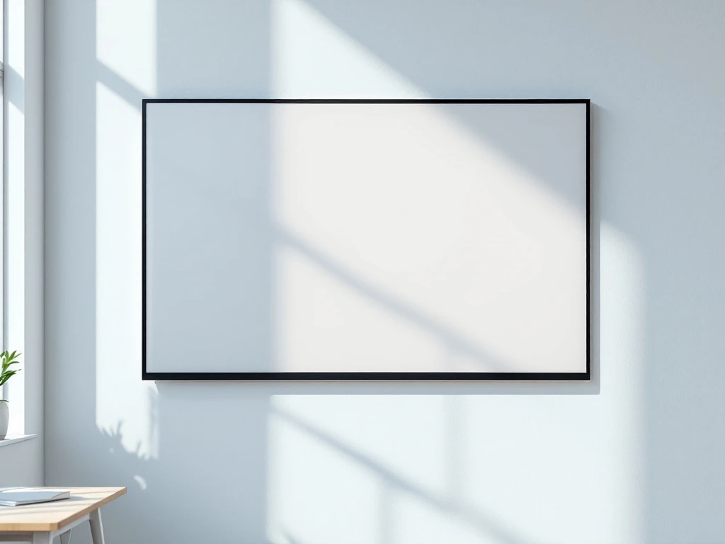 Digitaal interactief whiteboard met geometrische patronen gemonteerd op witte muur in moderne klaslokaal omgeving