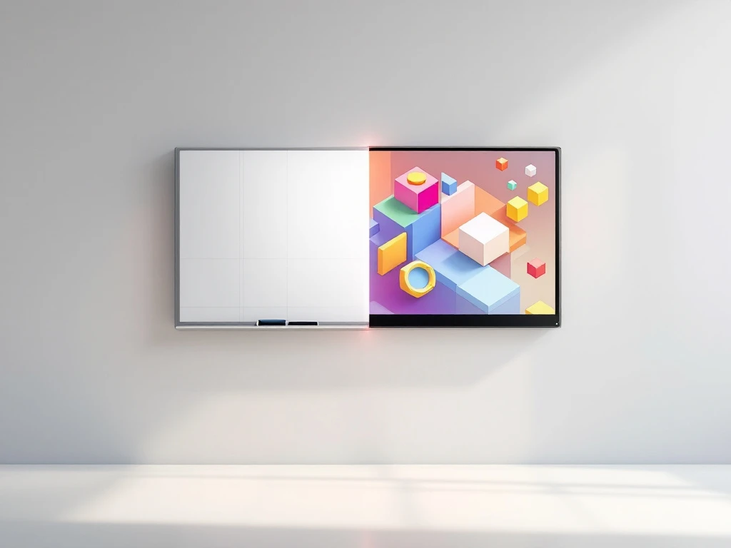 Traditioneel wit schoolbord naast modern digitaal interactief display met kleurrijke geometrische elementen op grijze achtergrond