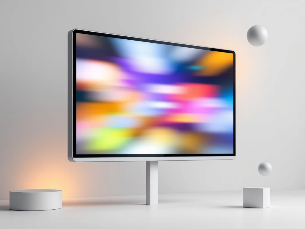 Digitaal interactief whiteboard met wazig kleurrijk scherm tegen grijze achtergrond met geometrische vormen