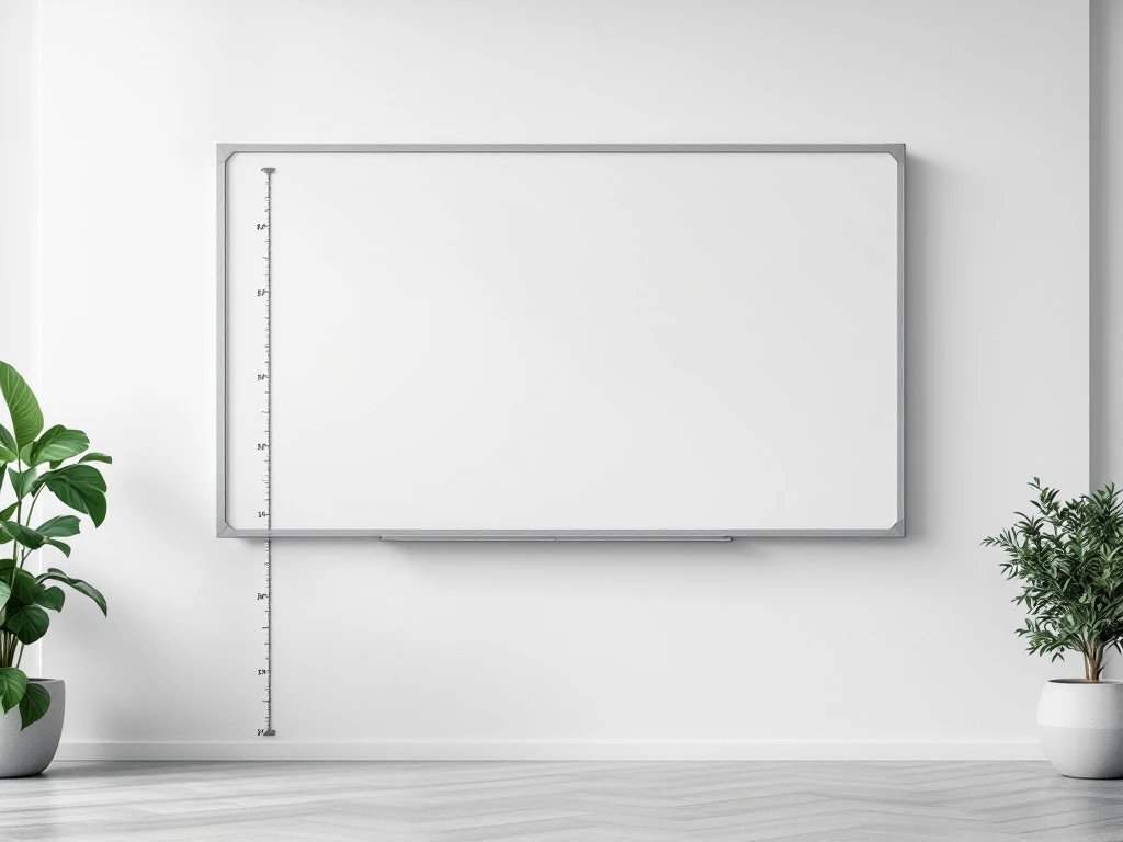 interactief-whiteboard-hoogte-ergonomisch-meten.jpg Digitaal interactief whiteboard op witte muur met meetlint voor ergonomische hoogtebepaling in minimalistische setting