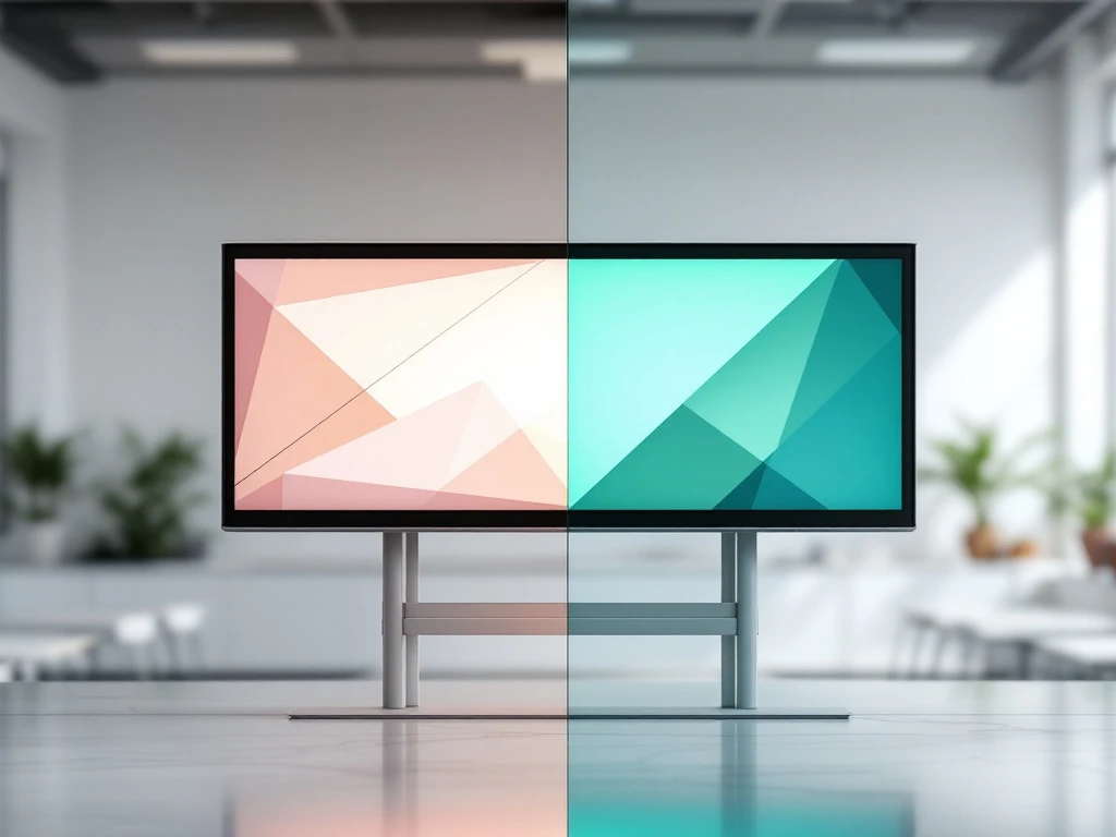 Moderne digitale schoolborden en interactieve smartboards met geometrische patronen in minimalistische klaslokaalomgeving