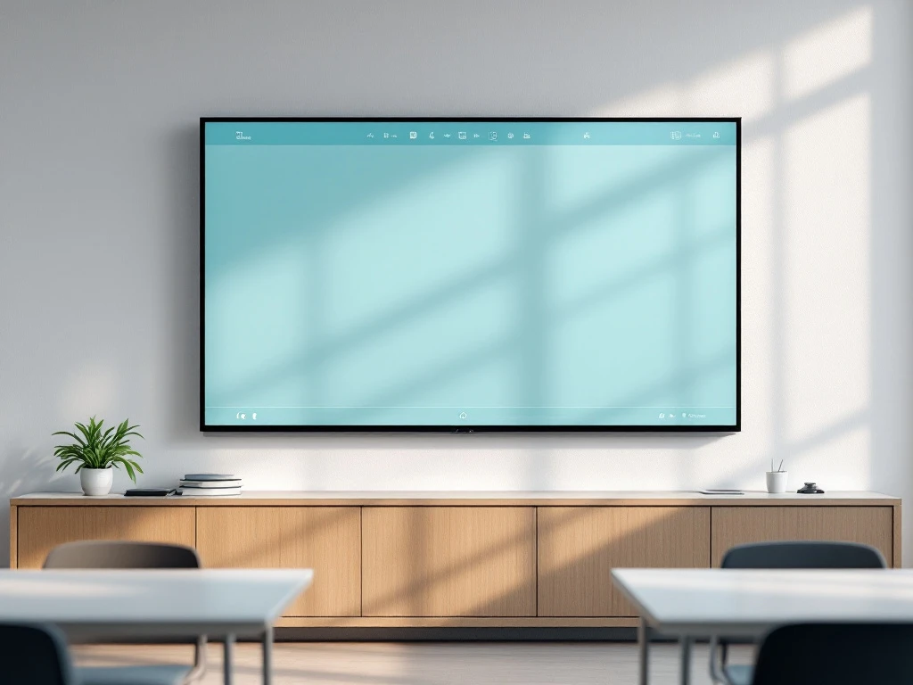 Moderne digitale smartboard aan witte muur met blauwe interface-elementen in minimalistische klaslokaal omgeving