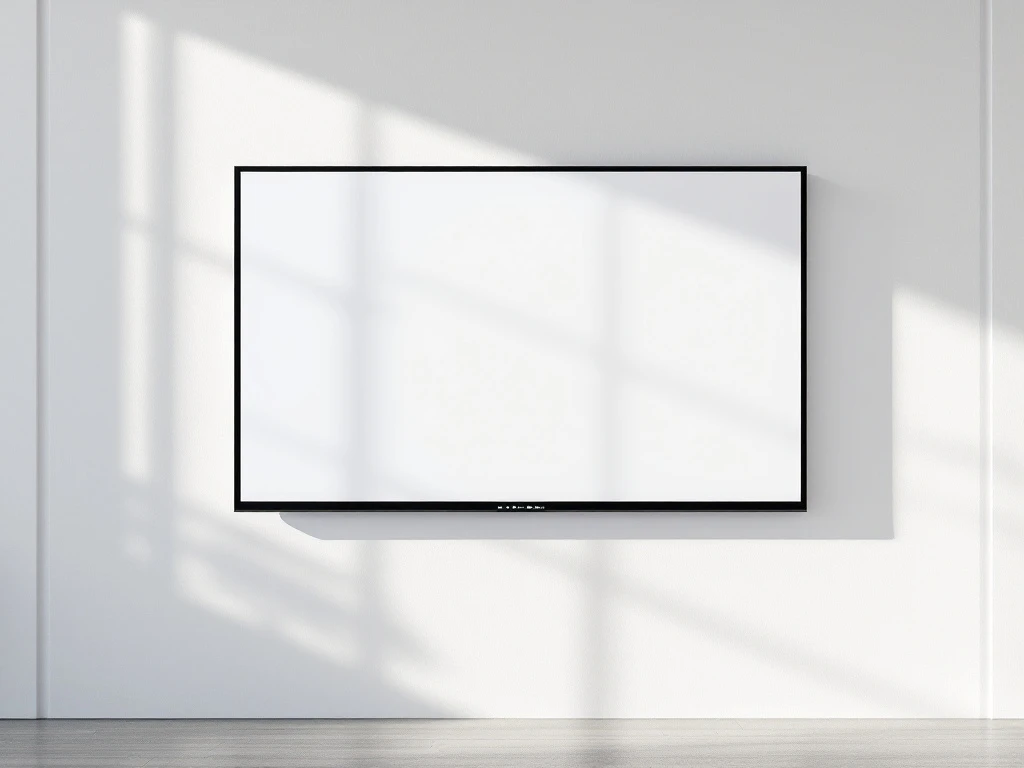 Moderne digitale whiteboard met garantieschild-icoon op minimalistische witte muur, professionele AV-technologie