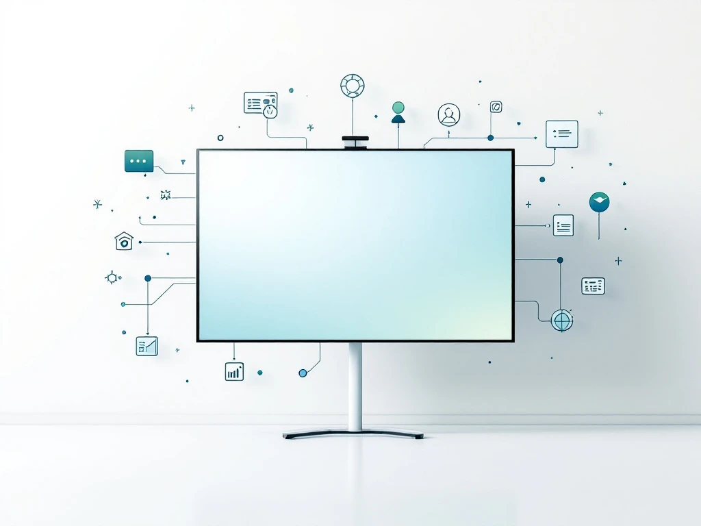 Moderne interactieve digitale display omgeven door zwevende app-iconen in blauw-groene tinten op witte achtergrond