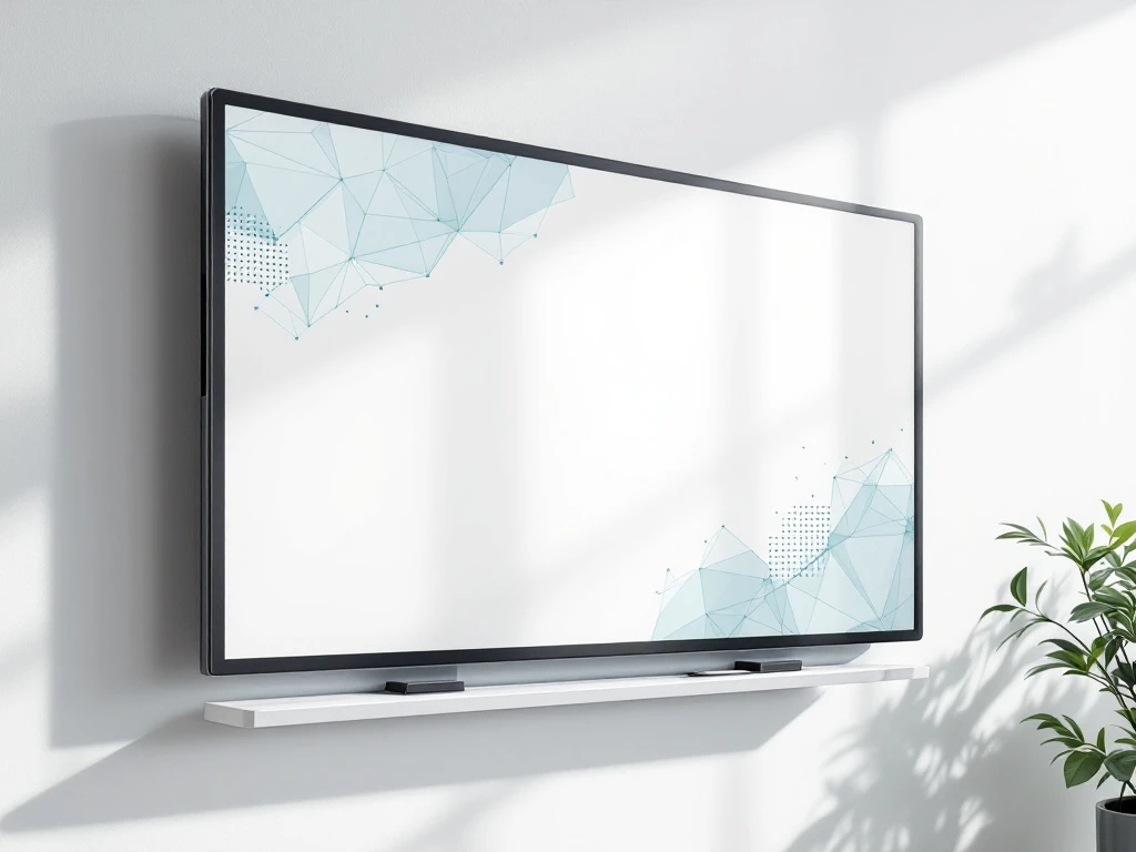 digitaal-whiteboard-modern-minimalistisch-design.jpg Moderne digitale whiteboard gemonteerd op witte muur met geometrische patronen in blauw en groen, professionele installatie