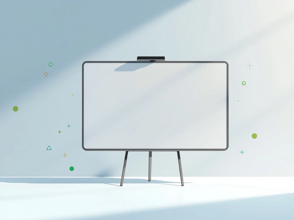 Modern digitaal whiteboard met lichtstralen en zwevende geometrische vormen op blauwe gradiënt achtergrond