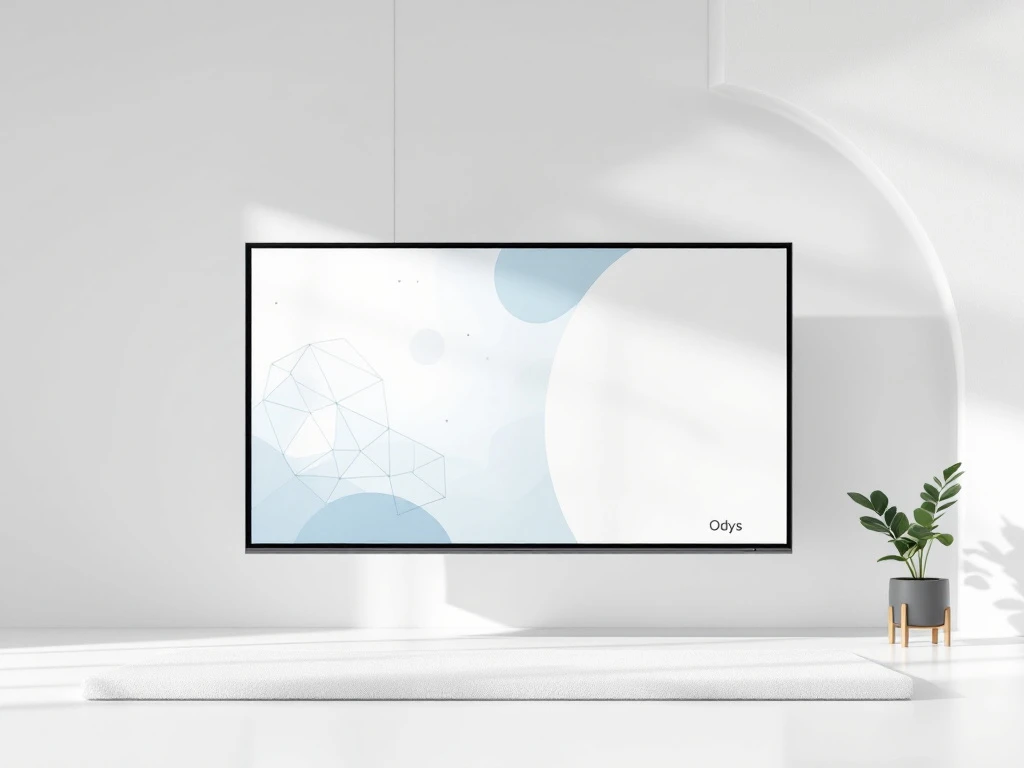 Moderne digitale whiteboard met geometrische interface in blauw en grijs, digitale stylus zweeft erboven op witte achtergrond