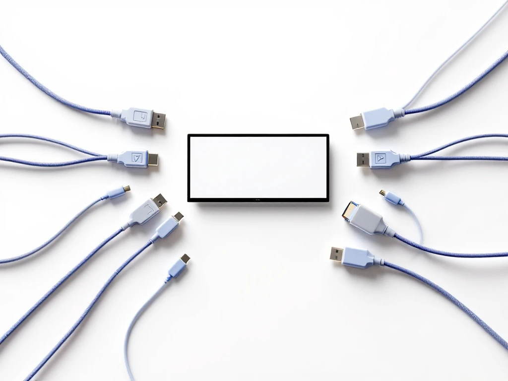 hdmi-usb-c-vga-kabels-connectoren-display.jpg Digitaal scherm omringd door symmetrisch gerangschikte HDMI-, USB-C- en VGA-kabels in blauw-grijze tinten op witte achtergrond