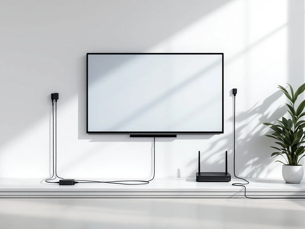 Modern interactief smartboard met HDMI-kabel, stroomkabel en draadloze router op witte achtergrond