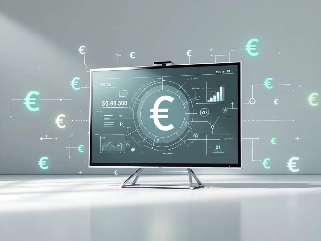 interactief-whiteboard-prijs-euro-refurbished.jpg Interactief whiteboard met geometrische vormen en euro-symbolen in groene tinten op witte ondergrond