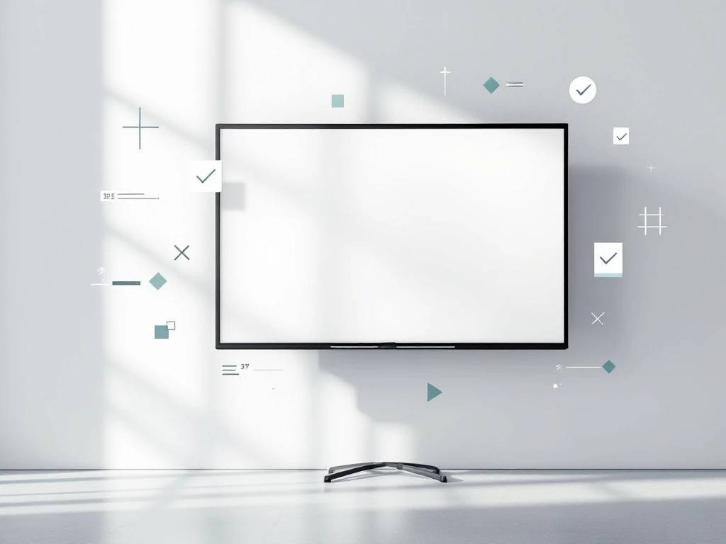 Moderne interactieve whiteboard met zwevende geometrische testelementen en kwaliteitsindicatoren in teal en grijs