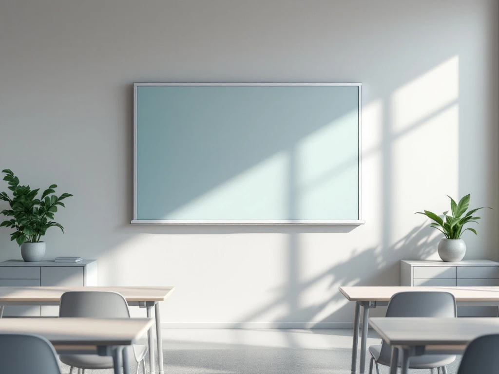 Moderne interactieve whiteboard met geometrische interface in zachte kleuren in minimalistische klaslokaal setting