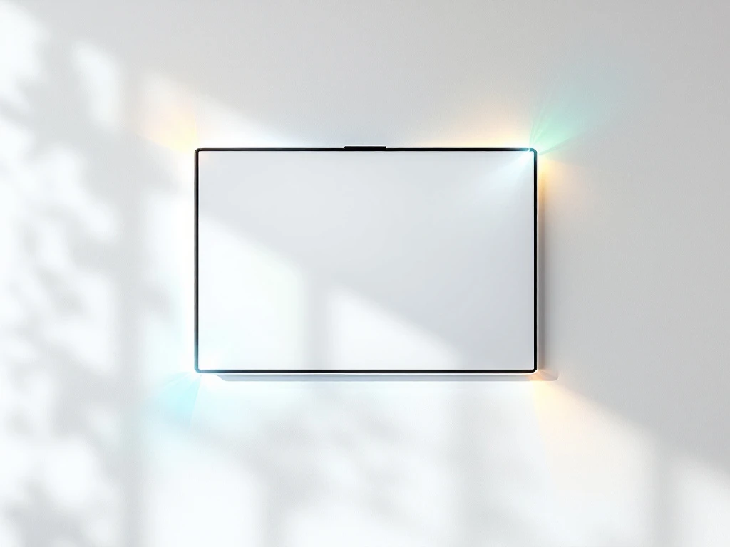 Digitaal interactief whiteboard op witte muur met educatieve iconen, geometrische vormen en zwevende stylus pennen