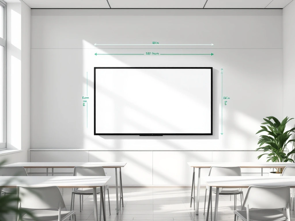 Moderne digitale display op witte muur in minimalistische klas met geometrische meubels en groene eco-technologie accenten
