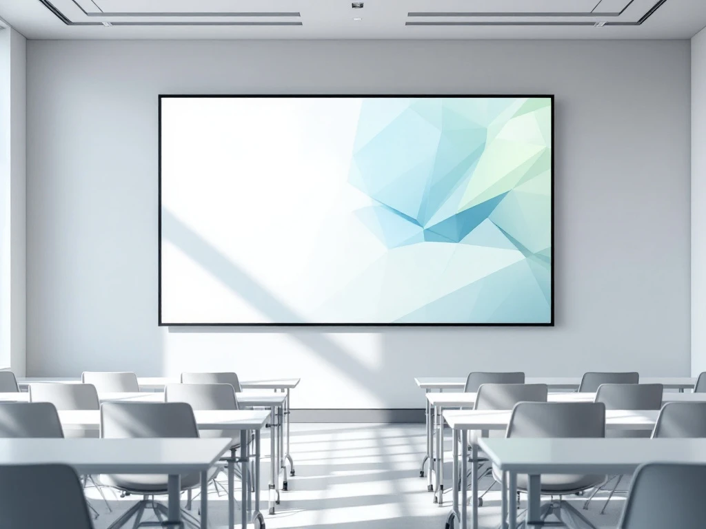 Moderne presentatiescherm met geometrische patronen in minimalistische klaslokaal met symmetrisch gerangschikte stoelen