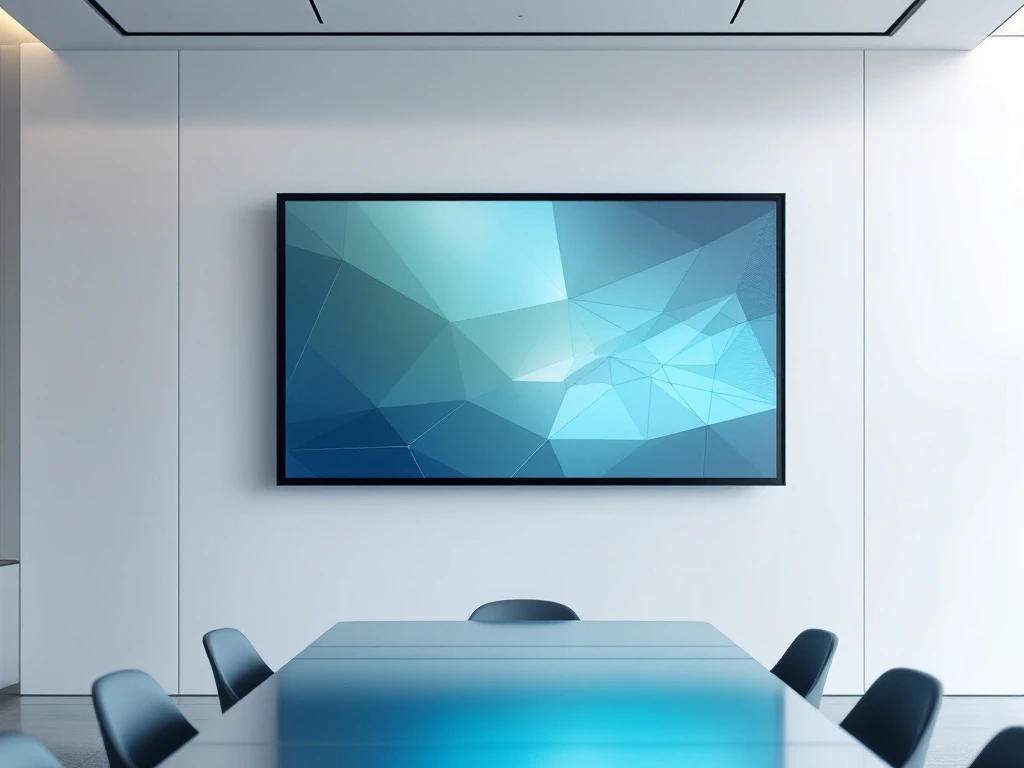 Moderne presentatiescherm met geometrische patronen op witte muur in minimalistische vergaderruimte