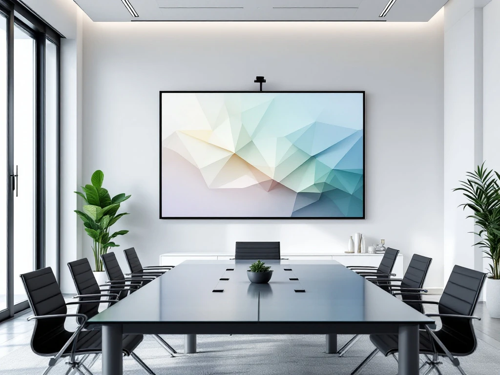 Moderne vergaderruimte met groot presentatiescherm, glazen tafel, zwarte stoelen en natuurlijk licht door ramen