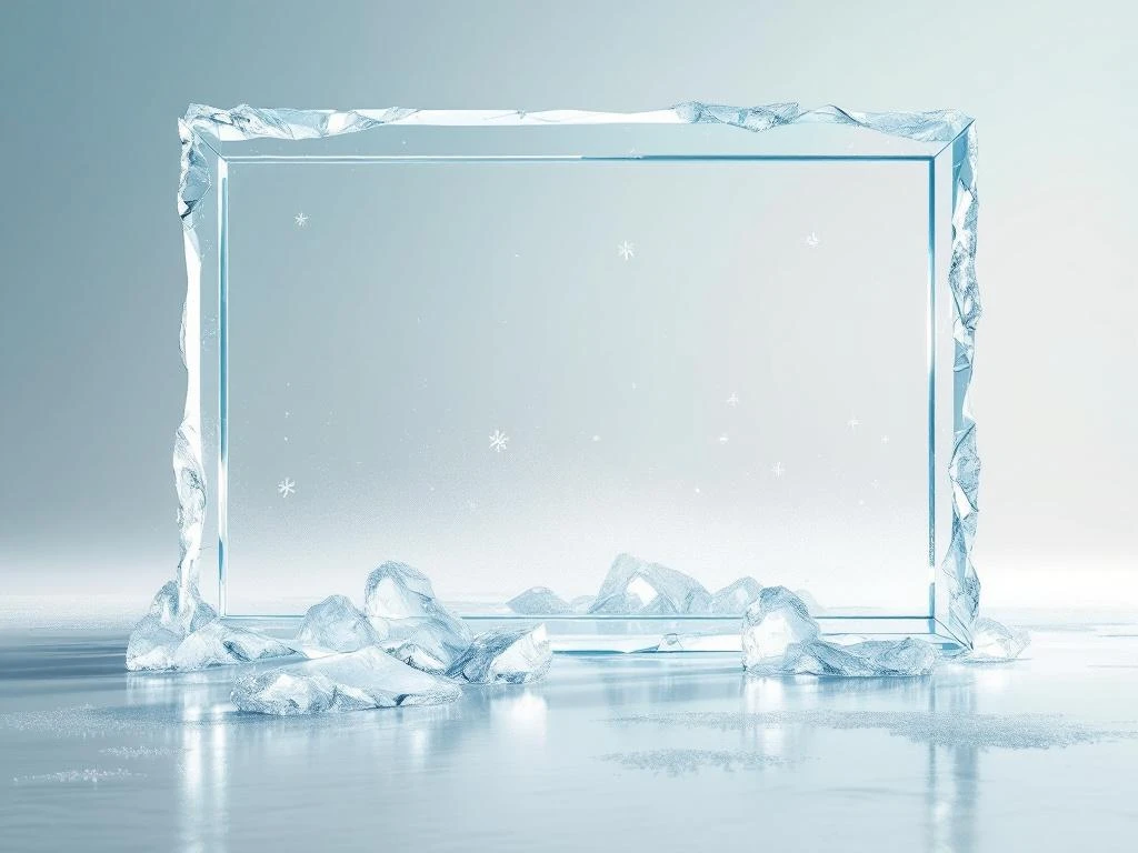 Interactief digitaal whiteboard bevroren in ijskristallen met mint-grijze achtergrond en sneeuwvlokken