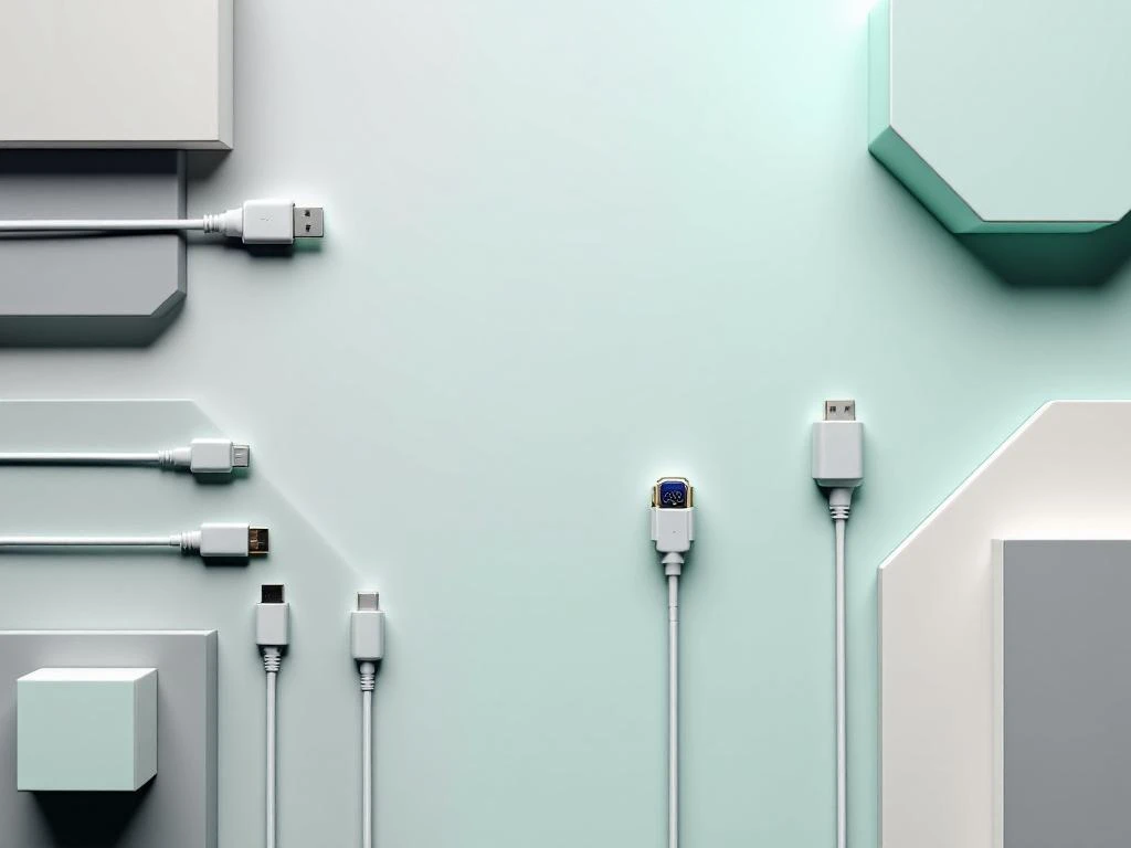 Digibord kabels in geometrische patronen op grijsgroene achtergrond, HDMI VGA USB en stroomkabels gerangschikt