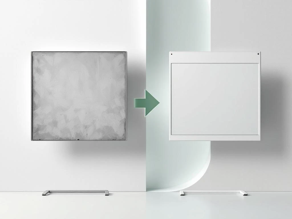 Vergelijking van oud en gerenoveerd digitaal schoolbord met groene duurzaamheidsaccenten en transformatiepijl