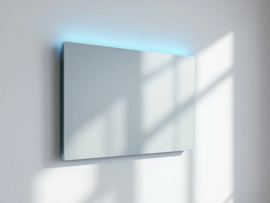 Interactief digitaal bord aan witte muur met energiepictogrammen en blauwe indicatielamp, duurzaam design