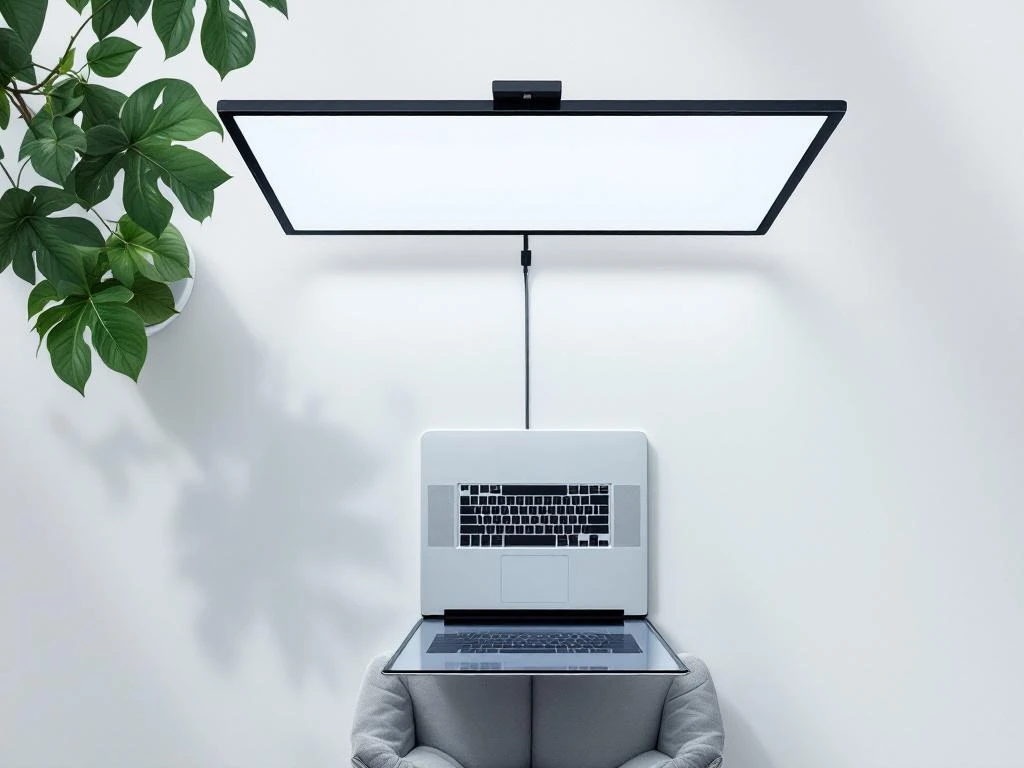 Digitaal bord en laptop verbonden met USB-kabel, bovenaanzicht met minimalistisch design en groene accenten