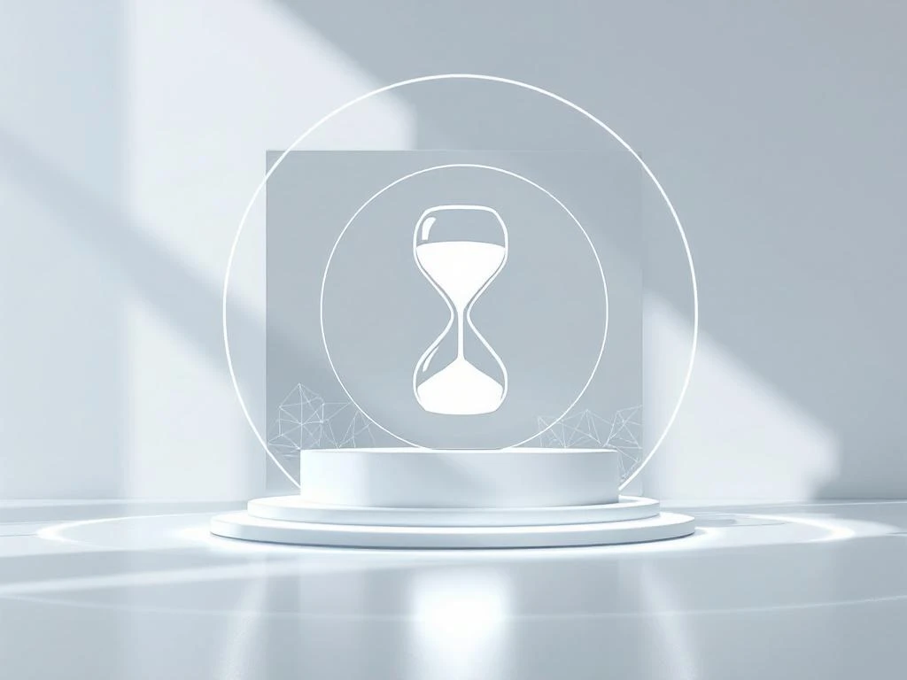 Minimalistisch digitaal displaybord met cirkelpatronen en zandloper, witte en blauwe tinten, modern design