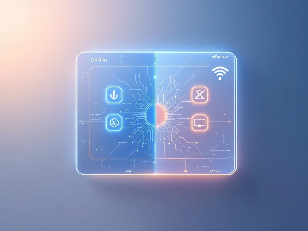 Digitaal interactief displaybord met blauwe online- en amberen offline-modus, drijvend op verloopachtergrond