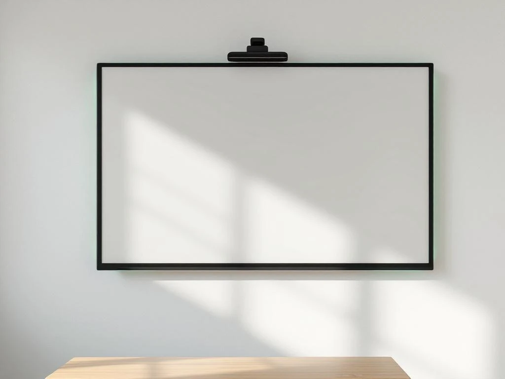 Interactief digitaal schoolbord met groene verlichting aan witte klaslokaalwand met houten bureau op voorgrond