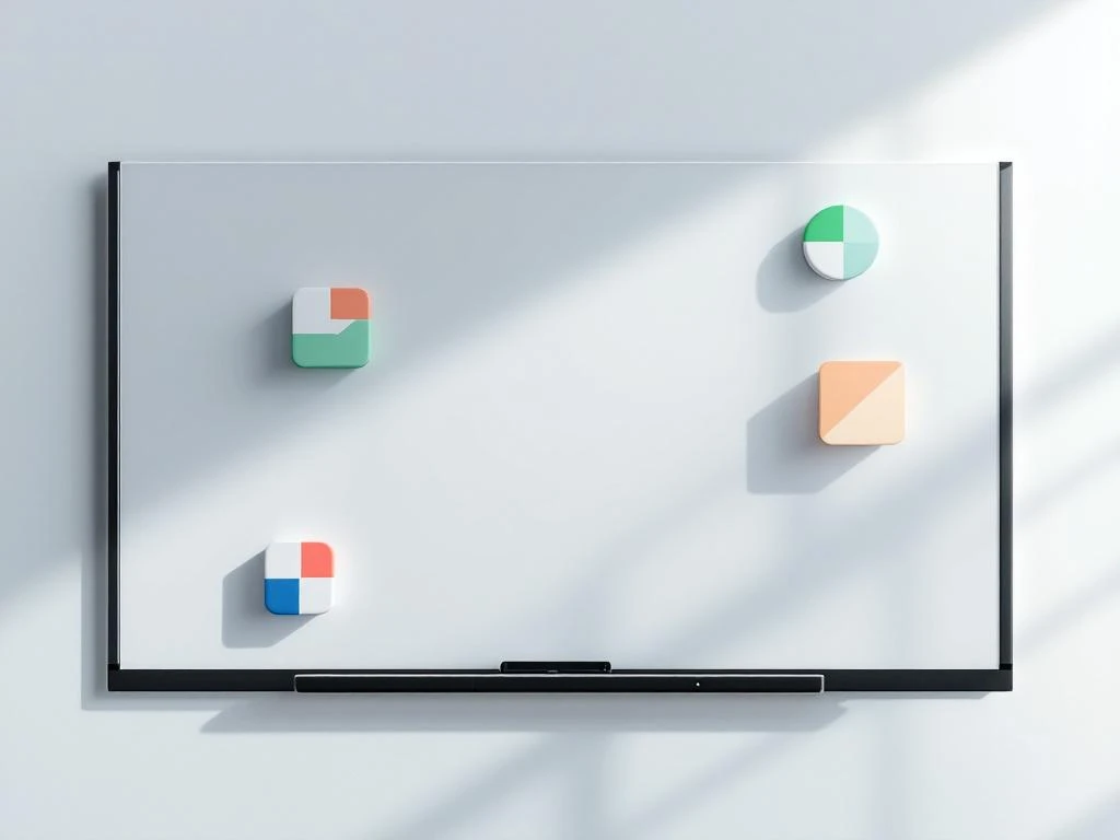 Digitaal whiteboard met kleurrijke geometrische app-iconen voor educatieve technologie in minimalistisch design