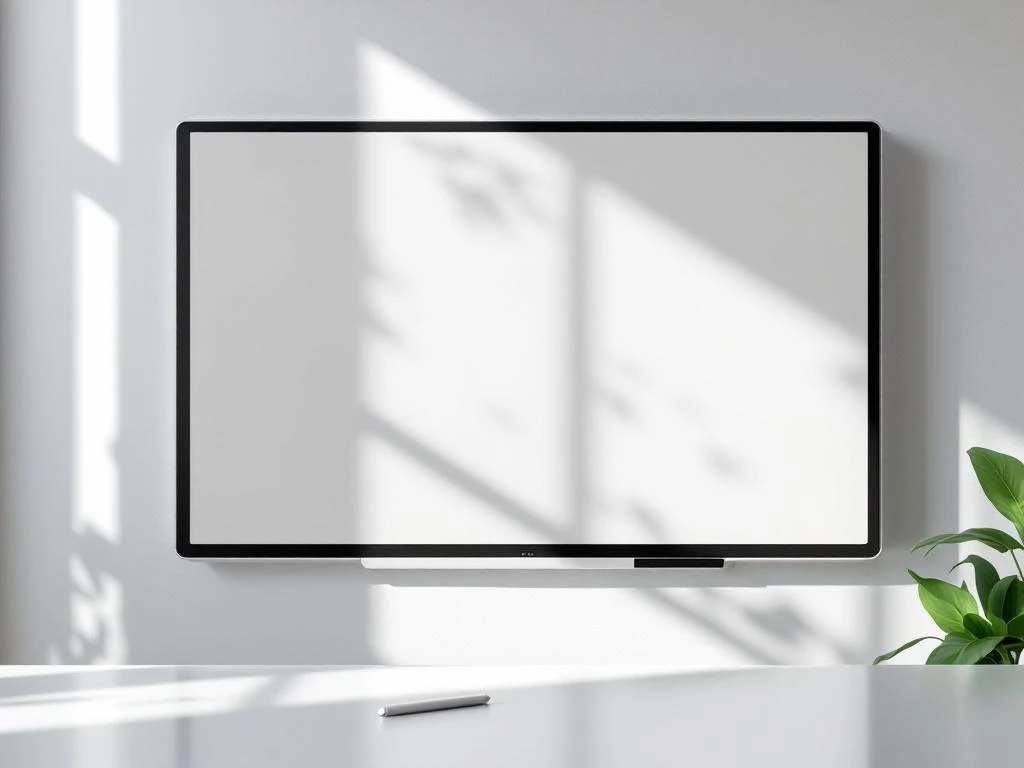 Moderne digitale whiteboard aan witte muur met stylus, minimalistische vormgeving met groene duurzaamheidsaccenten