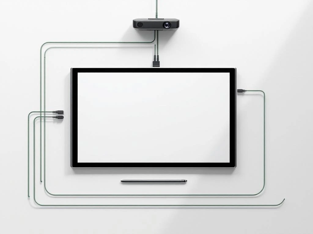 Bovenaanzicht van digitale bordcomponenten: interactief scherm, projector, kabels en stylus op witte ondergrond