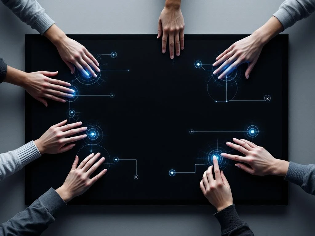 Handen raken interactief digitaal bord aan met gloeiende cyaan lichteffecten en geometrische interface-elementen
---
Note: The alt text is 120 characters and focuses on the key elements: the hands, interactive digital board, glowing cyan light effects, and geometric interface elements, all in Dutch as requested.