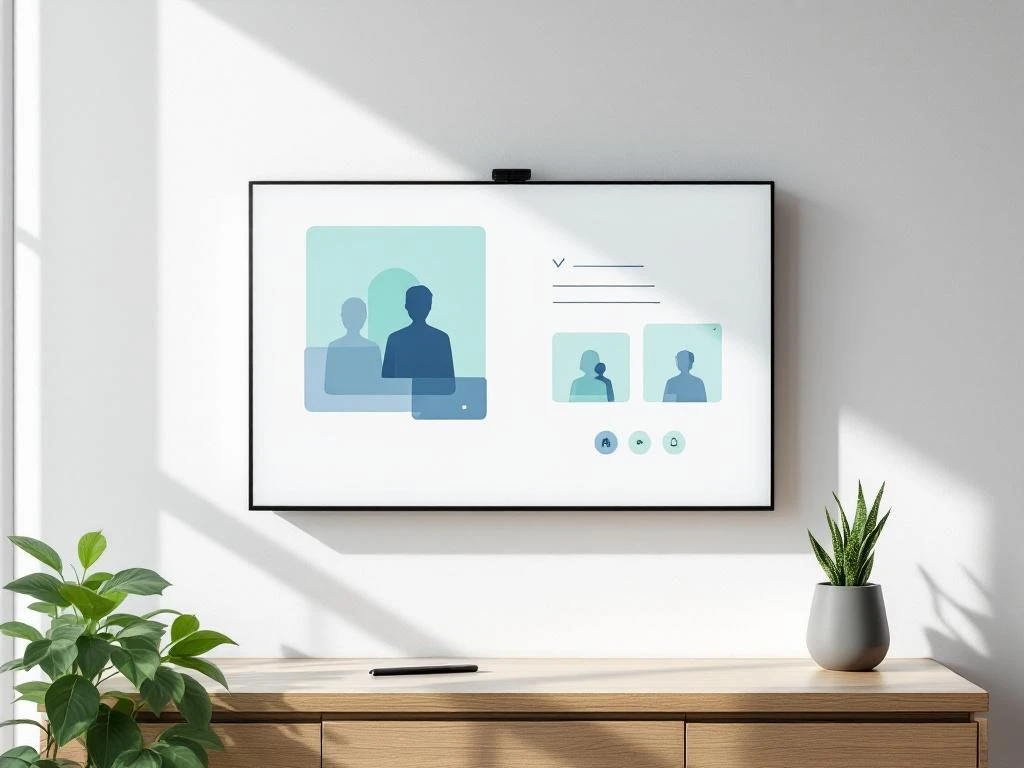 Moderne interactieve display aan witte muur met videobel-interface in blauwe en groene tinten, stylus op rand