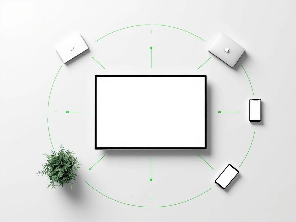 Wit digitaal bord met draadloze verbindingen naar laptop, tablet en smartphone in symmetrische cirkel op lichtgrijze achtergrond