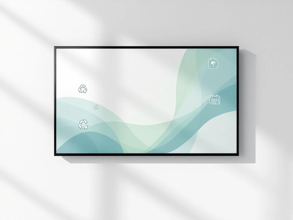 Gerecycled interactief digitaal bord aan witte muur met duurzame geometrische patronen en eco-iconen