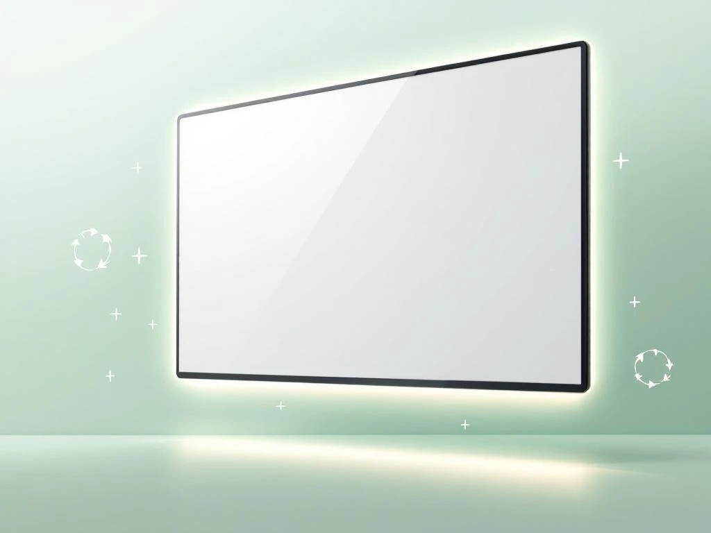 Gerenoveerd interactief whiteboard met geometrische patronen tegen groene achtergrond met duurzaamheidssymbolen