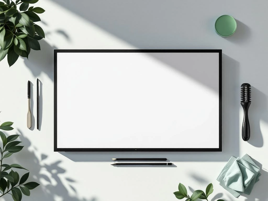 Gerenoveerd interactief displayscherm van bovenaf met precisietools en microvezeldoeken op witte ondergrond