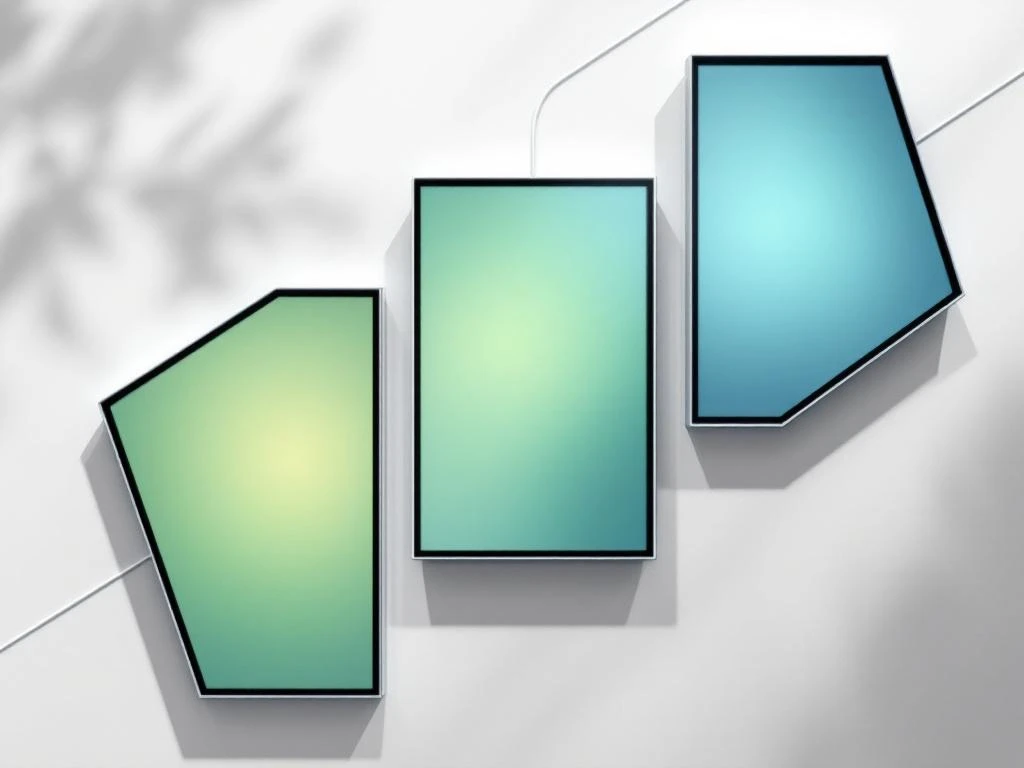 Drie gerenoveerde interactieve displays met duurzame groene en blauwe tinten, diagonaal gerangschikt met circulaire verbindingslijnen