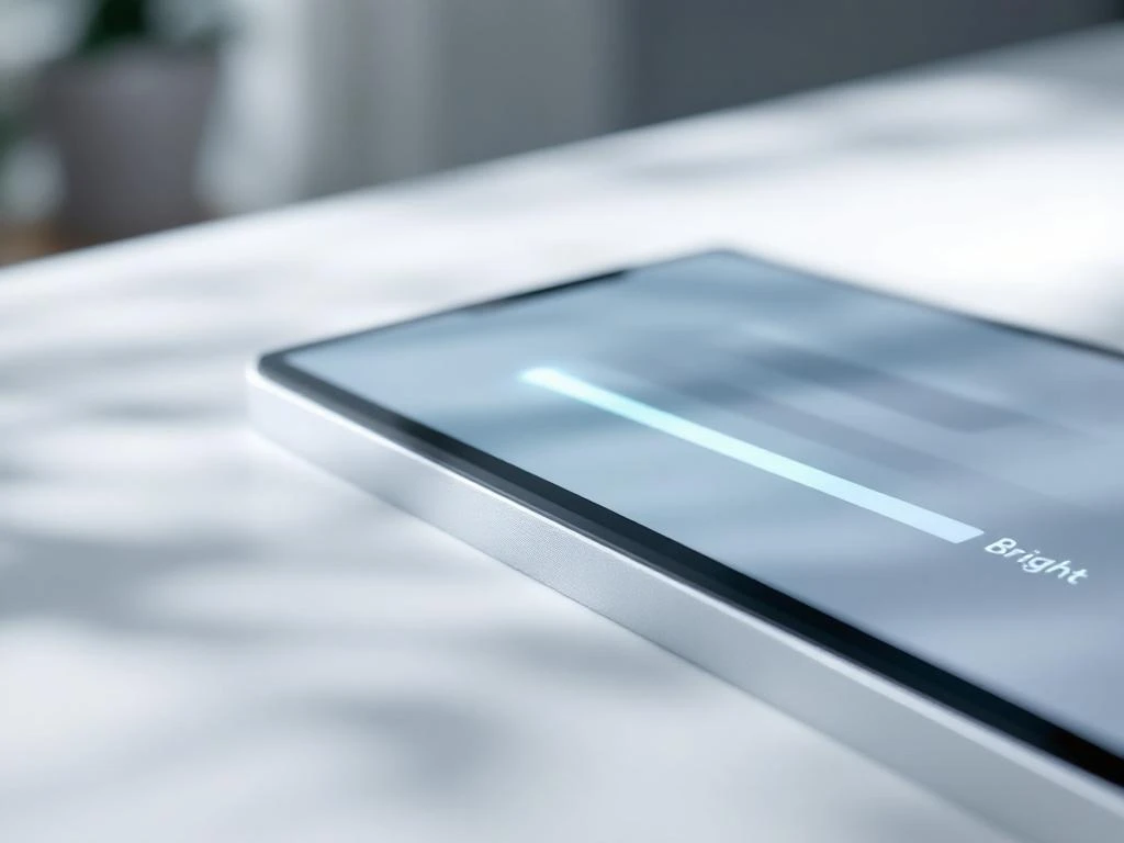 Modern interactief displayscherm met helderheidsregelaar en minimalistische lichtgradiënt interface op wit oppervlak