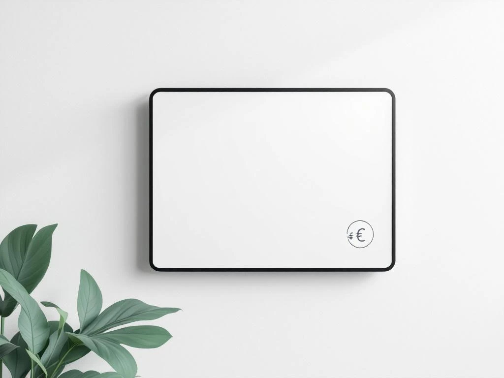 Gerenoveerd interactief digitaal bord met prijskaartjes, rekenmachine-icoon en eurosymbolen op witte achtergrond