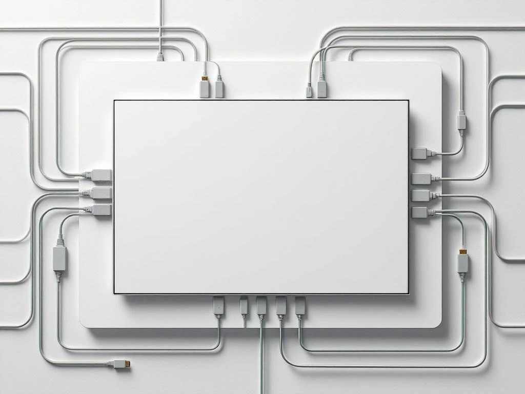 Interactief displaybord van bovenaf met HDMI-, USB- en stroomkabels in geometrisch patroon op wit oppervlak